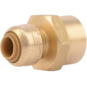 lot 28037 image: SharkBite 14 (38 inch OD) x 12 Inch FNPT Reducing Adapter, Push To Connect Brass Plumbing Fitting, PEX Pipe, Copper, CPVC, PE-RT, HDPE, U066LFA - Retail $12