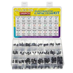 lot 28062 image: ALLECIN 24 Values Electrolytic Capacitor Assortment Kit from 0.1uF to 1000uF 10V 16V 25V 50V in-line Aluminum Capacitors Set - Retail $10