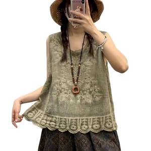 lot 28069 image: Womens Vintage White Cotton Linen Sleeveless Blouse, Embroidered Tank Top with Lace Trim, Bohemian Summer Casual Top (US, Alpha, Medium, 163-Olive Green) - Retail $20