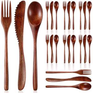 lot 28079 image: Geiserailie 24 Pcs Wooden Utensils for Eating Wooden Spoon Fork Knife Cutlery Set Kitchen Wood Dinner Flatware Tableware Set Includes Spoon, Fork, Knife - Retail $19