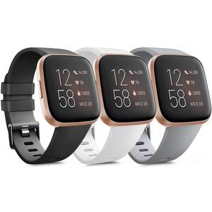 lot 28087 image: PACK 3 Soft Silicone Bands Compatible for Fitbit Versa 2  Fitbit VersaFitbit Versa Lite Adjustable Sport Bands for Women Men Small Large (BlackWhiteGrey, Large) - Retail $10
