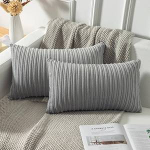 lot 28092 image: Kevin Textile Oblong Pillow Decorative Striped Corduroy Rectangle Cushion Cover Oblong Pillow Cover for Couch, 12 x 20 Inches, Set of 2, Light Grey - Retail $14
