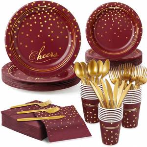 lot 43022 image: OuMuaMua Maroon Gold Paper Plates and Napkins Party Supplies for 24 Guests, 168 Pcs Burgundy Disposable Plates with Utensils Set for Maroon and Gold Graduation Birthday Party Decorations - Retail $16