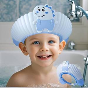 lot 43034 image: Baby Shower Cap Shield, Shower Cap for Kids, Visor Hat for Eye and Ear Protection for 0-9 Years Old Children, Cute Little Dinosaur Shape Makes The Baby Bath More Fun (Blue) - Retail $10
