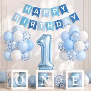 lot 43035 image: Yumiche First Birthday Decorations For Boy-40 Inch Blue 1 Number, Baby Blue White Balloons, Happy Birthday Balloons And One Balloon Boxes For Kids One Year Old Birthday Decorations - Retail $17