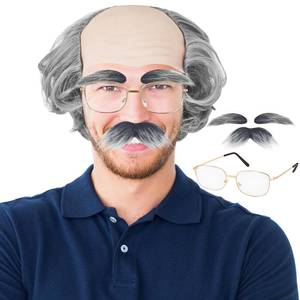 lot 43036 image: Old Man Bald Cap,Short Grey Bald Cap with Side Hair,Grandpa Wig with Glasses Mustache Eyebrows for Mens Halloween Cosplay Costume - Retail $10