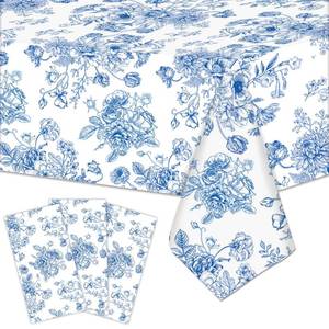 lot 43052 image: 3 Pieces 54x108 Inch Blue White Floral Rectangle Plastic Tablecloth, Disposable Elegant Flower Design Table Cover for Wedding, Bridal Shower, Baby Shower, Birthday, and Garden Tea Party Decorations - Retail $10