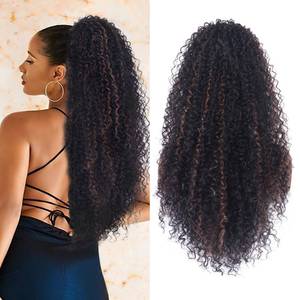 lot 43065 image: Alebery 27 Inch Drawstring Ponytail Extension for Black Women Deep Curly Ponytail Extension Synthetic Mixed with Human Hair Hairpieces Afro Kinky Curly Pony Tail for Daily Use (Brown Highlight) - Retail $33