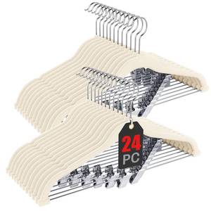 lot 60522 image: Korpai 24-Pack Beige Velvet Hangers with Clips Adjustable,Adult Hangers,Outfit Hangers,Heavy-Duty,Non-Slip,Space Saving, Felt Hanger for Pants, Skirts, Suits,Coats, Dresses ect. - Retail $25