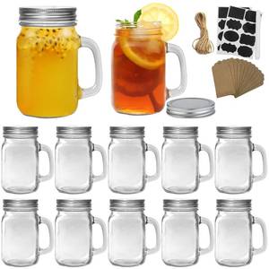 lot 60527 image: Maredash 16 oz Mason Jars with Handle,Old Fashioned Drinking Glasses with Chalkboard Labels and Silver Metal Lids,Glass Mugs for Party or Daily use,Set of 12. - Retail $27