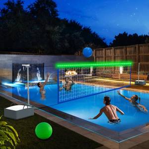 lot 62686 image: Pool Volleyball Net Set with Bright LED Lights, Solar Volleyball Net with 15-32FT Adjustable Length for Inground Pools, Water Volleyball Net with 2 Balls & Pump for Swimming Pool Party & Games - Retail $86
