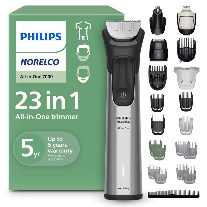 lot 24884 image: Norelco Philips All-in-One Series 7000 23-Piece Trimmer - Electric Shaver and Clipper for Face, Beard, Head & Body, Self-Sharpening Titanium Blades, 26 Length Settings (0.5-16 mm), MG797049 - Retail $90