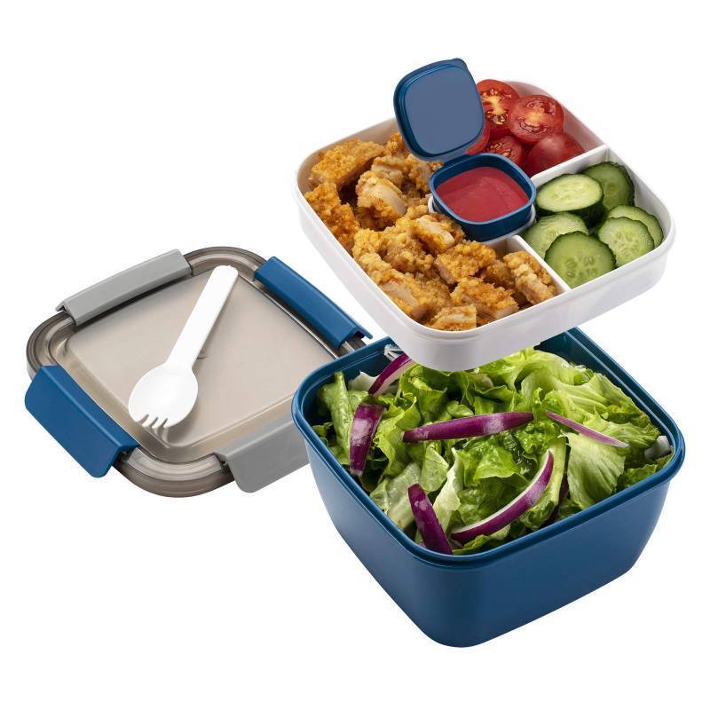 lot 24890 image: Freshmage Salad Lunch Container To Go, 52-oz Salad Bowls with 3 Compartments, Salad Dressings Container for Salad Toppings, Snacks, Men, Women (Blue) - Retail $10