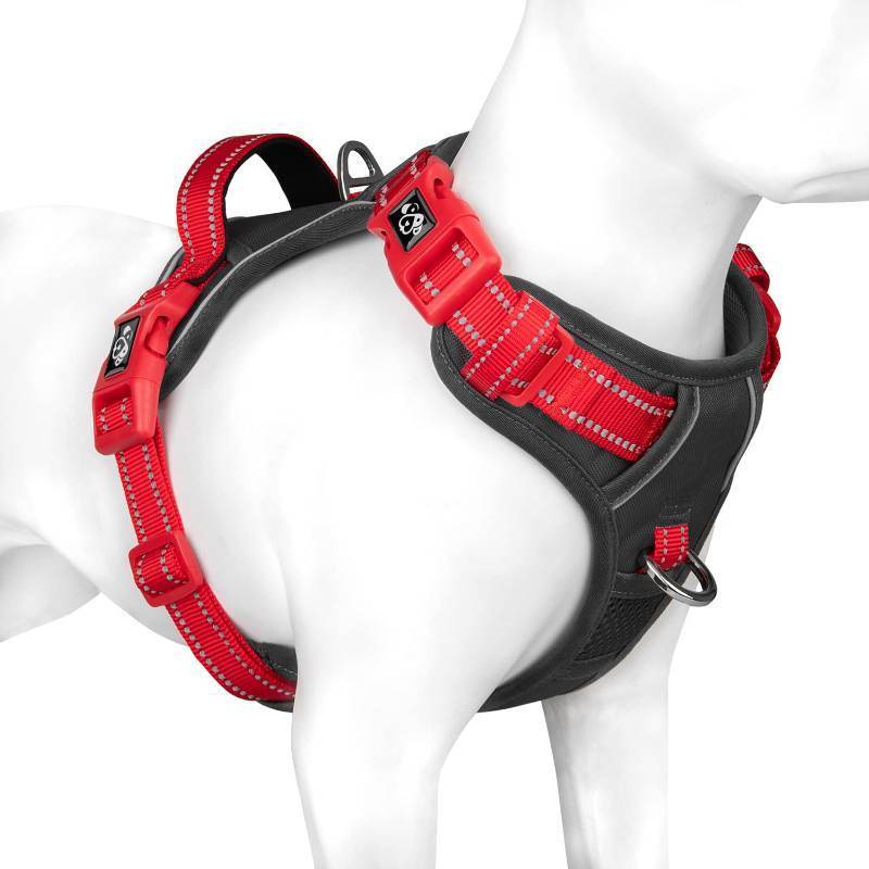 lot 24925 image: PHOEPET No Pull Dog Harness, Unique Colors Reflective Adjustable Dog Vest, with Soft Training Handle Metal Clips for Small Medium Large Dogs (Black Base & Red Straps,M) - Retail $26