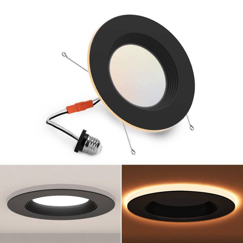 lot 24930 image: POWERASIA 1 Pack Black 56 Inch LED Can Lights with Night Light, 5CCT Retrofit Recessed Lighting Selectable 2700K-6000K Dimmable, 12W75W, 1200LM Downlight with Metal Smooth Trim-ETL and Energy Star - Retail $30