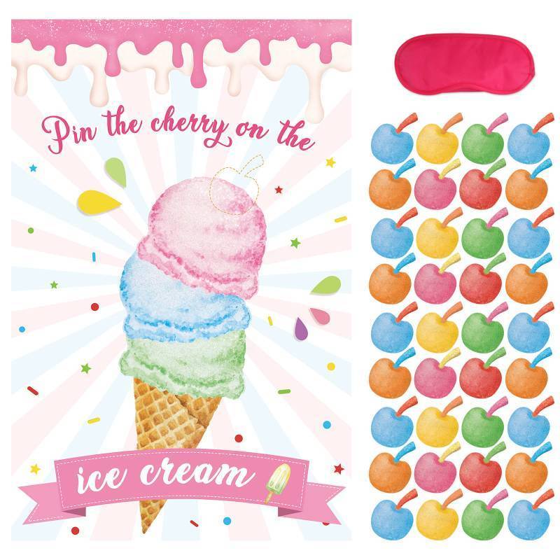 lot 31163 image: Hxezoc Pin The Cherry On The Ice Cream Game With 36 Pcs Cherry Stickers Large Ice Cream Party Games Poster for Kids Ice Cream Birthday Party Carnival Party Supplies - Retail $5