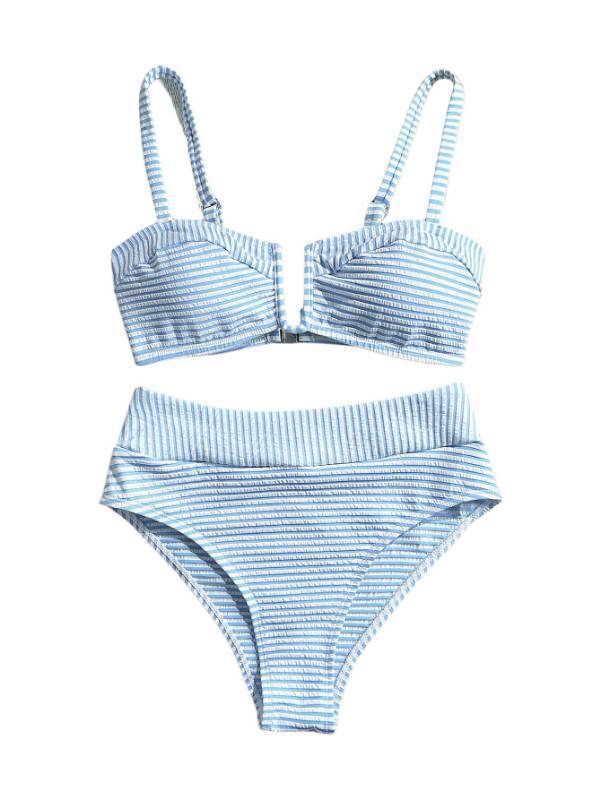 lot 29096 image: SOLY HUX Womens Two Piece Swimsuit Striped V Wired High Waisted Bikini Set Bathing Suit Blue and White Striped Large