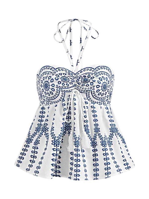 lot 29103 image: BEAUDRM Womens Y2K Boho Floral Halter Top Tie Backless Ruched Ruffle Flowy Summer Vacation Halter Going Out Tops Blue and White Medium