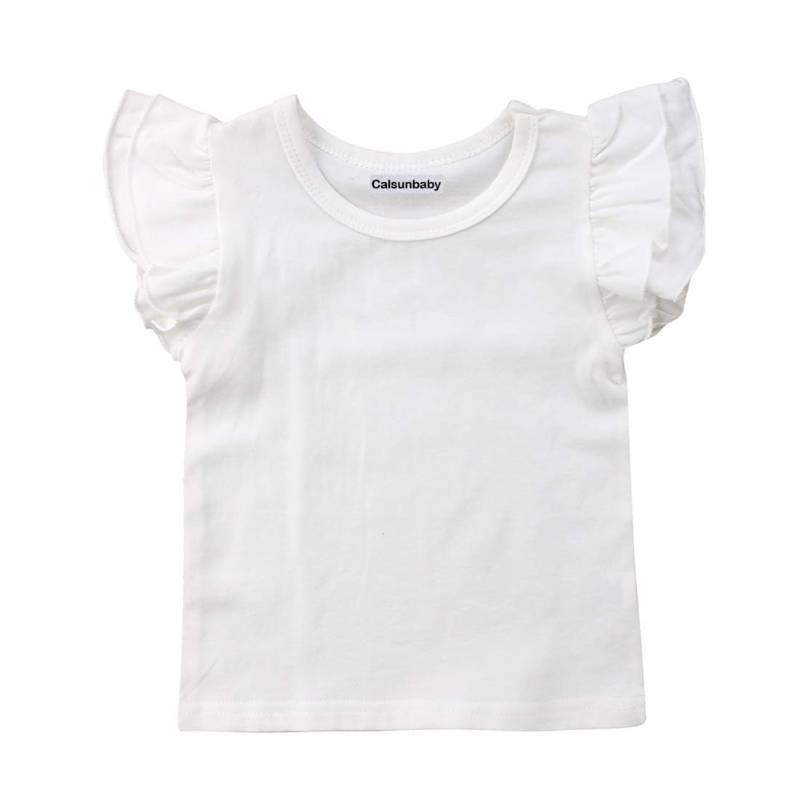 lot 29106 image: Infant Toddler Baby Girl Top Basic Plain Ruffle T-Shirt Blouse Casual Clothes (1-2 Years, White) - Retail $15