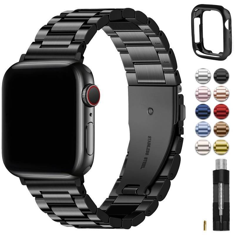 lot 31053 image: Fullmosa Metal Band Compatible with Apple Watch Bands 41mm 40mm 38mm 46mm 49mm 45mm 44mm 42mm, iWatch Band with Case for Apple Watch Series 11 10 9 8 7 6 5 4 3 2 1 SE321 Ultra321, 38mm 40mm 41mm Black - Retail $25