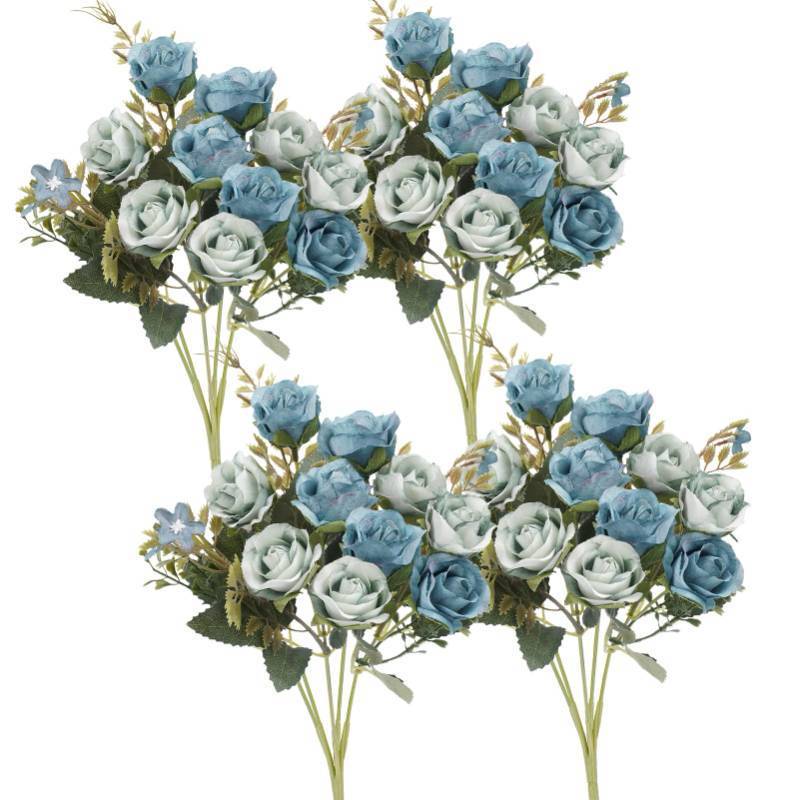 lot 23277 image: Neendohome 5 Stems 10 Heads Artificial Flowers Mini Roses with Leaf Bridal Bouquets for Wedding Centerpieces Indoor Home Table Decoration(4 Pack, Blue) - Retail $23