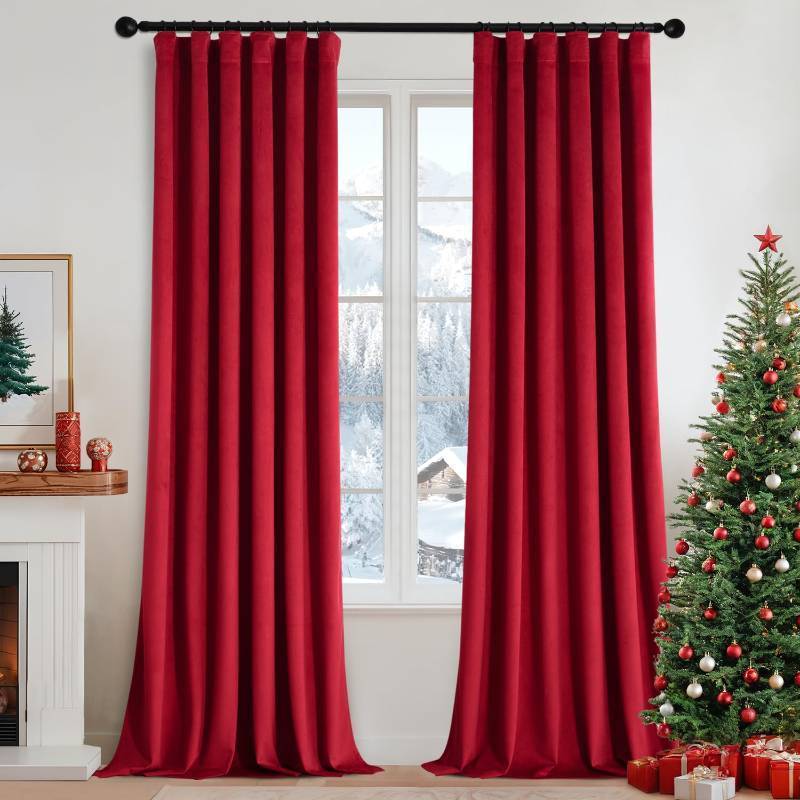 lot 24762 image: MIULEE Christmas Velvet Curtains 108 Inch Length 2 Panels Set for Bedroom, Pinch Pleat Back Tab Luxury Thermal Insulated Living Room Darkening Pleated Blackout Extra Long Window Curtain with Hook Red - Retail $31