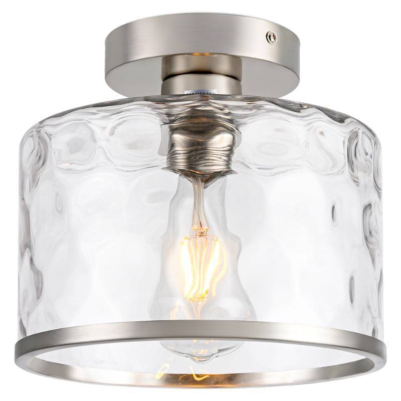 lot 24765 image: Zlepmlla Modern Semi Flush Mount Ceiling Light with Industrial Clear Hammered Glass Lampshade, Farmhouse Ceiling Lights fixtures in Satin Nickel for Hallway Kitchen Bathroom Bedroom - Retail $38