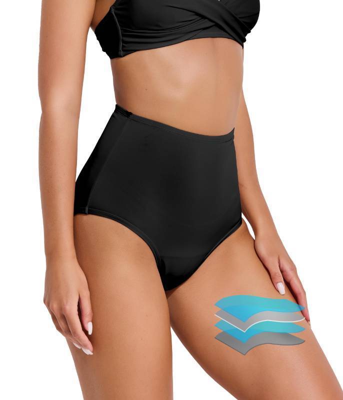lot 28888 image: Beautikini Period Swimwear High Waisted Swim Bottoms Menstrual Leakproof Bikini Short for Teens, Girls, Women (Black,M) - Retail $20