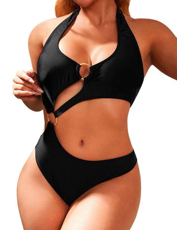 lot 28892 image: HISAGUHE Women One Piece Swimsuit Slimming Cutout Fashoin Swimwear Metal Ring Bathing Suit Female Beachwear(Black,M) - Retail $35