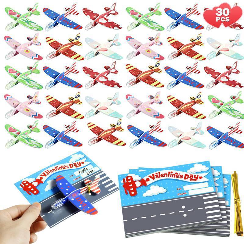 lot 28968 image: 30 PCS Valentines Day Gifts for Kids Classroom, Valentines Day Cards with Foam Airplanes for Kids School, Valentines Toddler Party Favors, Valentines Exchange Prizes Toys for Boys Girl from Teacher - Retail $14