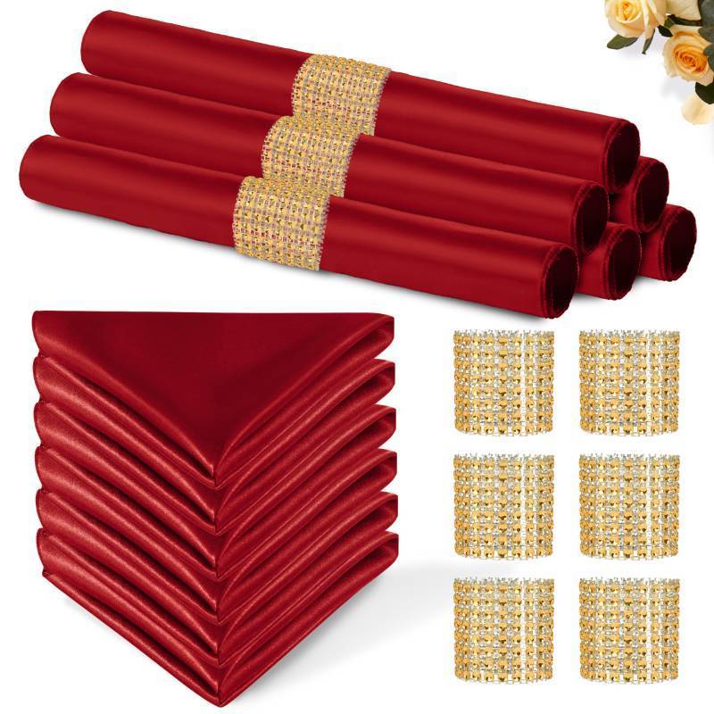 lot 31948 image: Eychei Red Satin Napkins and Napkin Rings Set,12 x 12 Inch Silky Soft Cloth Napkins ,Square Satin Dinner Table Napkins Bulk for Wedding Banquet Restaurant Graduation Party Decoration - Retail $23