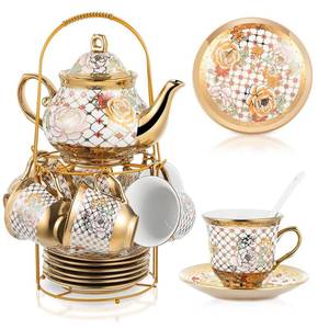 lot 90 image: Zhehao 20 Pcs Porcelain Tea Set with Metal Holder and Spoon Adult Ceramic Tea Set European Flower Painting Teapot Cup Saucer Spoon for Women Mom Gift, Large Version (Delicate Style) - Retail $50