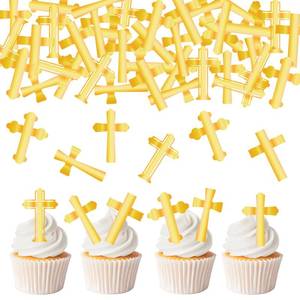 lot 159 image: Fyeoxle 36PCS Edible Cross Cupcake Toppers Cross God Bless Cupcake Toppers Wafer Paper Christian Baptism Cross Cupcake Picks for Religious Theme Baby Shower Birthday Party Cake Supplies (gold) - Retail $8