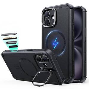 lot 176 image: ESR for iPhone 16 Phone Case with Stand, 23ft Military-Grade Drop Protection with Camera Control, Shock-Absorbing Rugged Cover, Compatible with MagSafe Accessories, Cyber Series, Black - Retail $27