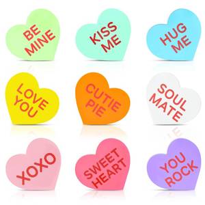 lot 186 image: 9 Pieces Mothers Day Wood Sign Candy Conversation Heart Tray Decor Pastel Love Heart Mini Wooden Signs Tabletop Centerpiece for Mothers Day Home Wedding Party Decor - Retail $20