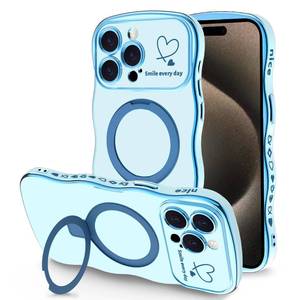 lot 235 image: TKJSQ Case for iPhone 11 Pro Max with Magnetic Stand, Luxury Plating Curly Wavy Frame and Cute Heart Pattern, Lens Edge Raised Protection, Slim Shockproof Soft Case for iPhone 11 Pro Max-Blue