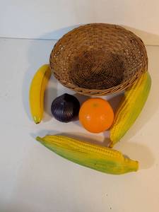 lot 10 image: Woven Wicker Fruit Basket with Artificial Produce Set