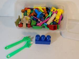 lot 11 image: Mixed Wooden and Plastic Building Blocks and Beads Collection