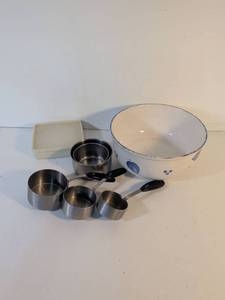 lot 109 image: Stainless Steel Measuring Cups with Ceramic Mixing Bowl Set