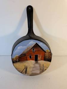 lot 138 image: Hand Painted  Skillet with Red Barn Scene