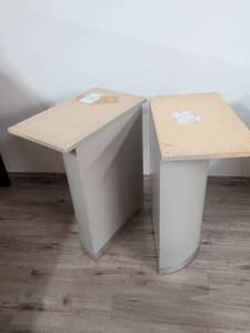 lot 202 image: White Modern Pedestal Tables with Wood Tops