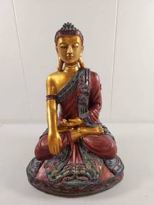 lot 101 image: Decorative Gold and Red Buddha Statue with Ornate Base