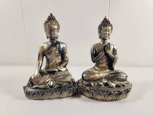 lot 106 image: Pair of Bronze Finish Buddha Statues with Lotus Base