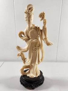 lot 122 image: Chinese Carved Resin Geisha Figurine with Flower on Wooden Base