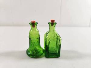 lot 141 image: Green Glass Decorative Bottles with Cork Stoppers Set of 2