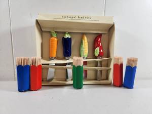 lot 169 image: Vegetable Shaped Canape Knives with Holders Set