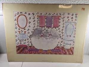 lot 193 image: Bubbles by Susan Gantner Whimsical Bathroom Scene Print