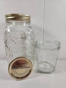 lot 207 image: Longaberger Blue Ribbon Collection Glass Mason Jar with Lid & A Jam Jar