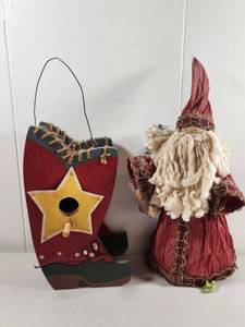 lot 230 image: Christmas Holiday Decoration Set with Santa Figure and Boot Birdhouse