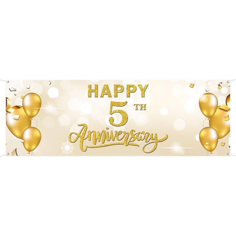 lot 36194 image: Large Happy 5th Anniversary Banner Five Themed Garden Backdrop Banner Company Wedding Anniversary Lawn Sign 5th Birthday Retirement Party Outdoor Indoor Decorations 72 x 24 inch - Retail $10